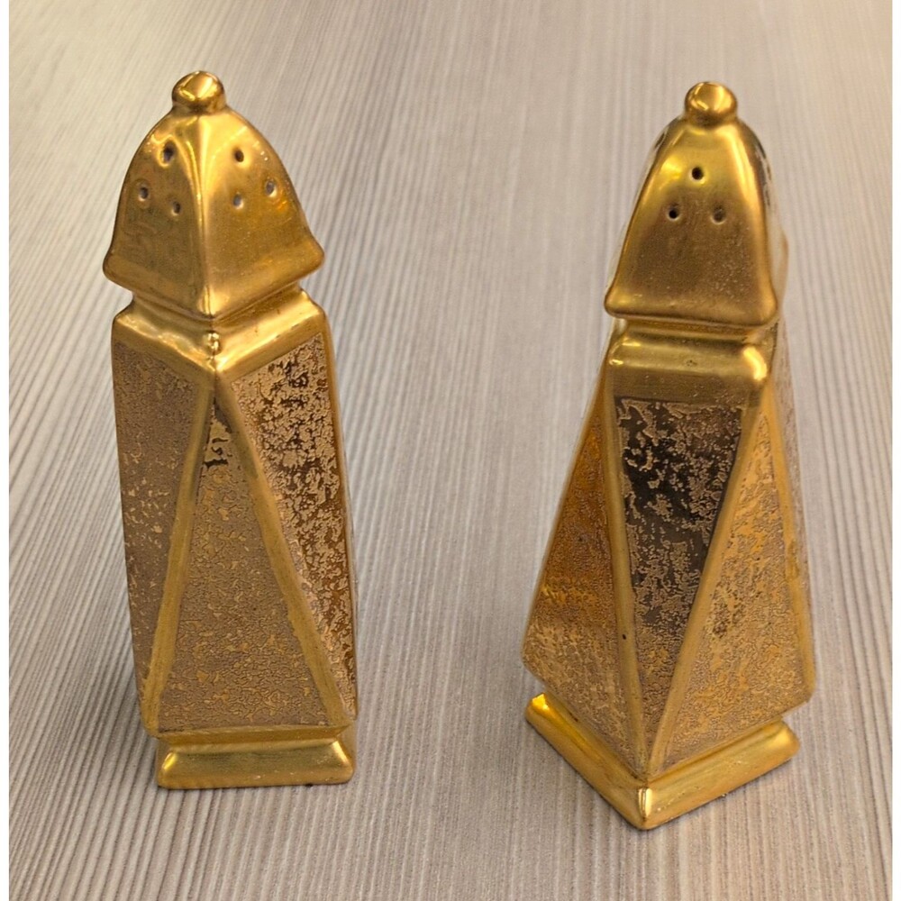 Porcelain Gold & White Geometric Salt Pepper Shakers Set of 2 Japan AMJ